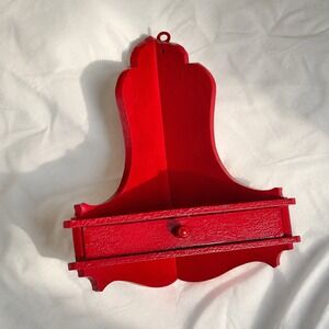 Vintage Red Crackle Wood Corner Shelf with Drawer Wall Hanging Scalloped